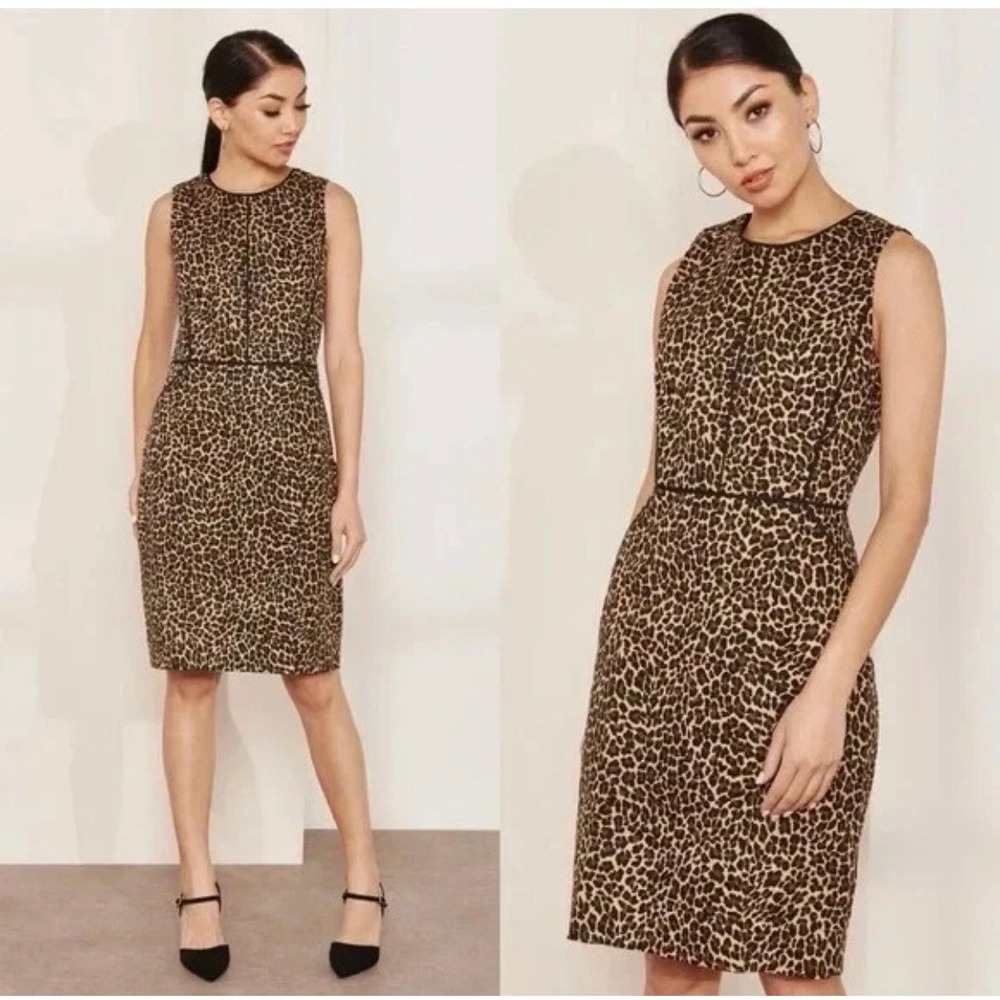 NWT J.Crew Leopard Print Sheath Dress J5876 Brown‎ Cotton Bi-Stretch Size 4